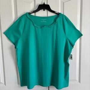 Talbots Green Ruffle T Shirt Top Women's 2XL Short Sleeve New Pima Cotton